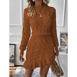 SHEIN • Rust Orange Cable Knit Long Sleeve Ruffle Trim Mini Sweater Dress, S